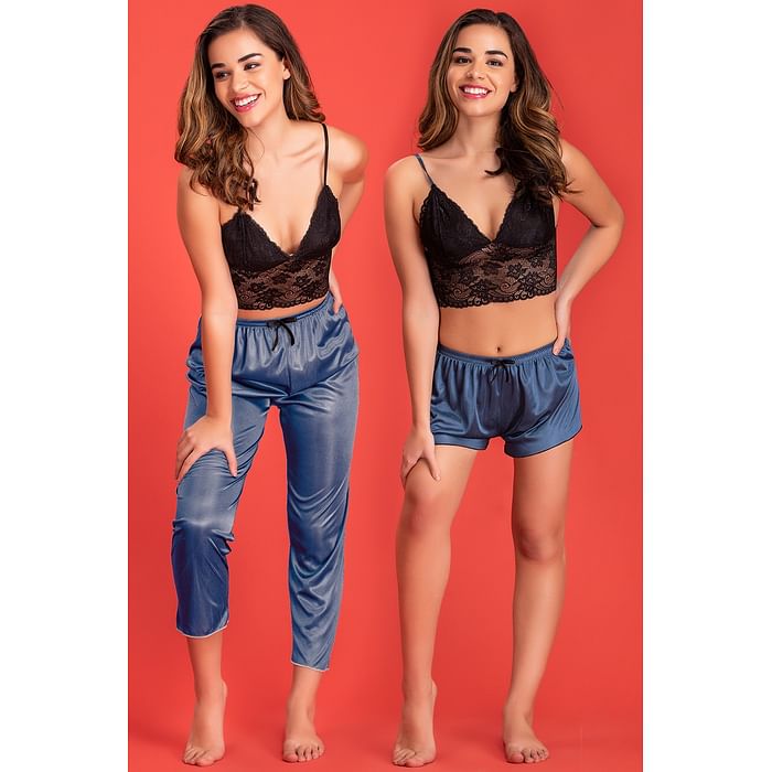 

Clovia Bralette with Shorts & Pyjama Set in Greyish Blue & Black- Lace & Satin - NS1293P05, Dark grey