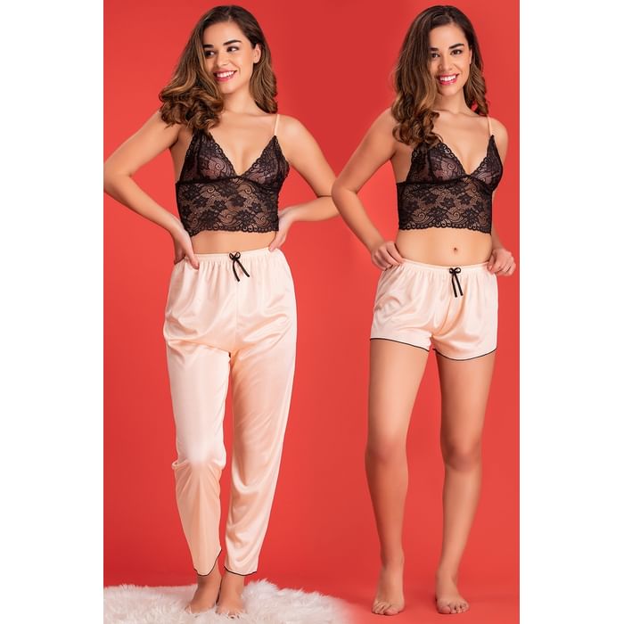 

Clovia Bralette with Shorts & Pyjama Set in Peach & Black - Lace & Satin - NS1293P16, Orange