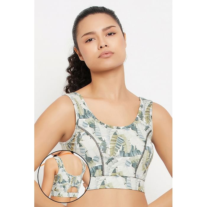 

Clovia Medium Impact Padded Leaf Print Sports Bra in Light Green - BRS026P11