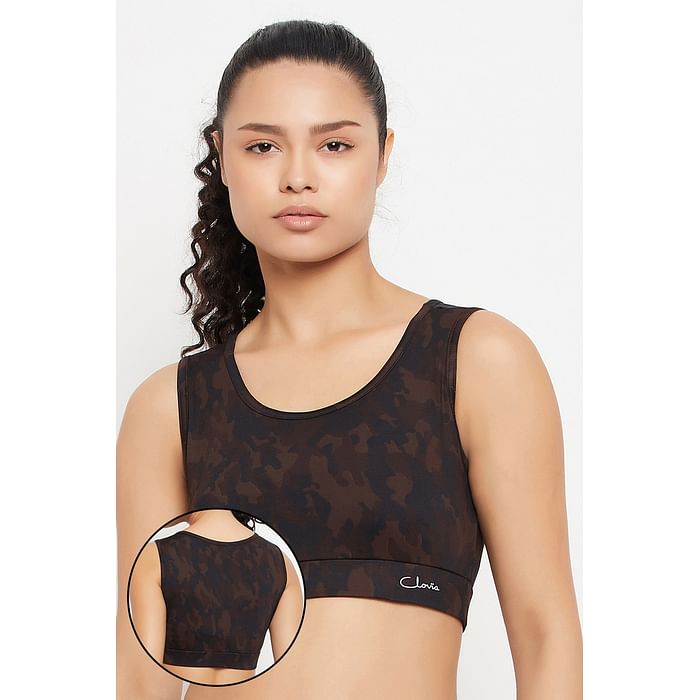 

Clovia Medium Impact Padded Camouflage Print Active Sports Bra in Brown - BRS046D06