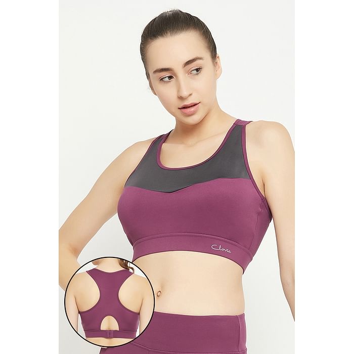 

Clovia Medium Impact Padded Colourblocked Racerback Sports Bra in Purple - BRS048P15