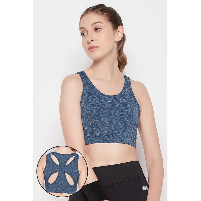 

Clovia Medium Impact Padded Sports Bra in Blue Melange with Removable Cups - BRS062P08, Navy