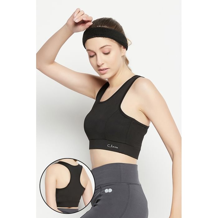 

Clovia Medium Impact Padded Racerback Sports Bra in Black - BRS520P13
