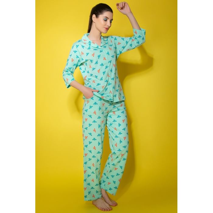 

Clovia Bug Print Button Down Shirt & Pyjama Set in Sky Blue - 100% Cotton - LS0585D03, Light blue