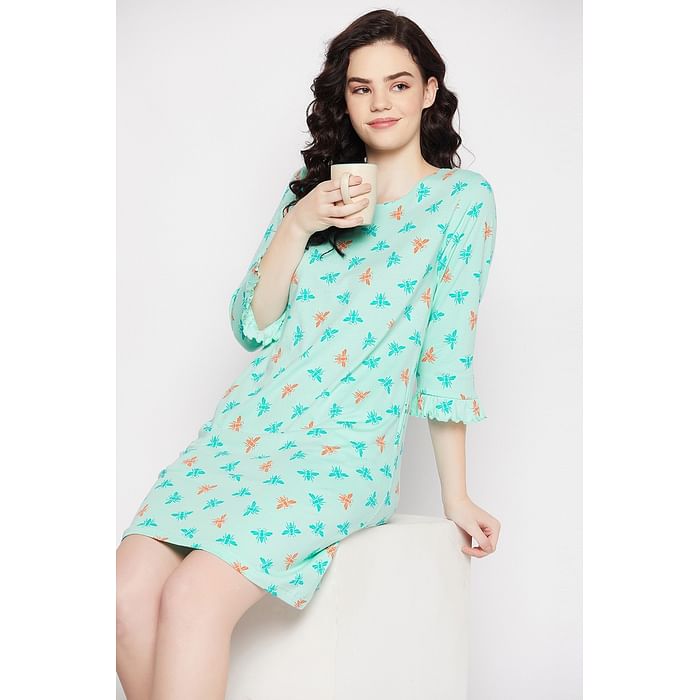 

Clovia Bug Print Short Night Dress in Sky Blue - 100% Cotton - NS1365P03, Light blue