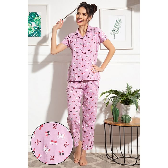 

Clovia Butterfly Button Down Shirt & Pyjama in Lilac - 100% Cotton - LS0025A12, Lavender