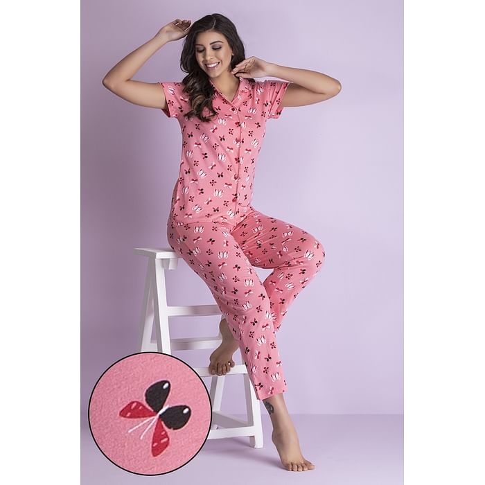 

Clovia Butterfly Button Down Shirt & Pyjama in Peach Pink - 100% Cotton - LS0025J22, Light pink