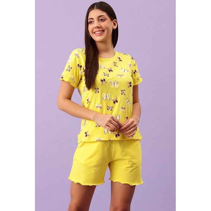 

Clovia Butterfly Print Top & Solid Shorts Set in Yellow - 100% Cotton - LS0555P02, Light yellow