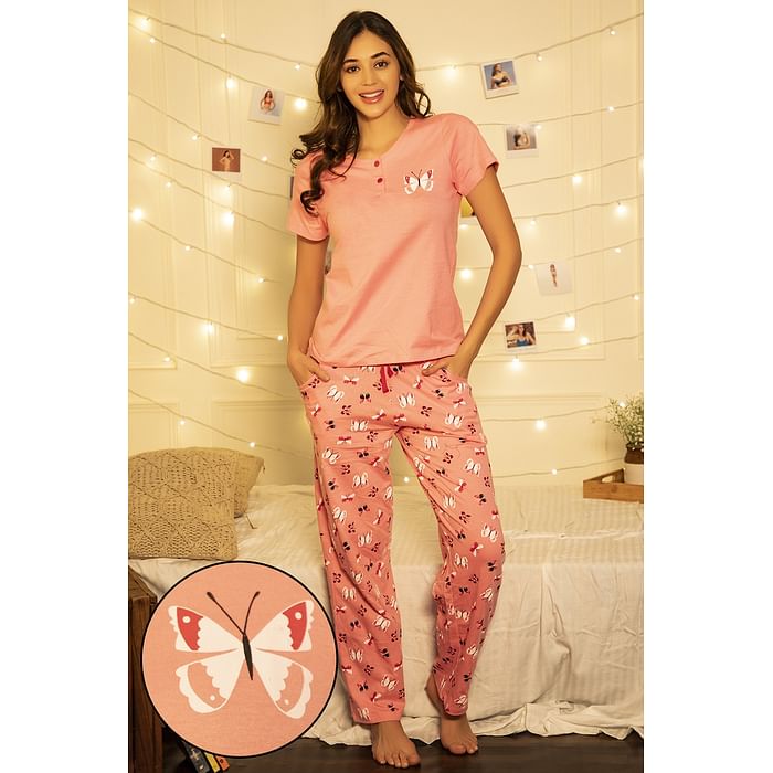

Clovia Butterfly Print Top & Pyjama in Peach Pink - 100% Cotton - LS0522P22, Light pink