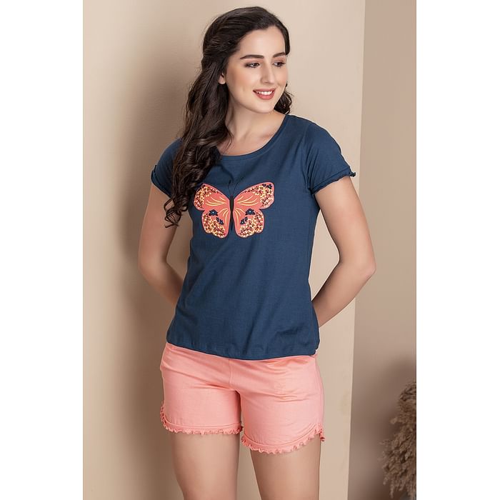 

Clovia Butterfly Print Top & Shorts Set in Navy - 100% Cotton - LS0555P08