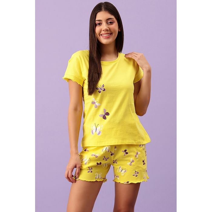 

Clovia Butterfly Print Top & Shorts Set in Yellow - 100% Cotton - LS0555A02, Light yellow