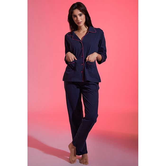

Clovia Chic Basic Button Down Shirt & Pyjama Set in Navy - 100% Cotton - LS0495P08