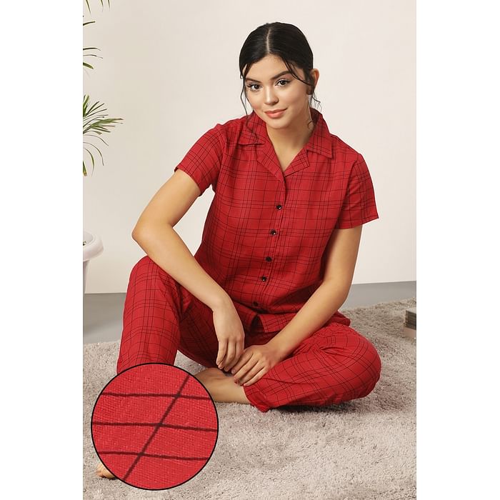 Clovia - Clovia Classic Checks Button Me Up Shirt & Pyjama in Red- 100% Cotton – LS0385A04