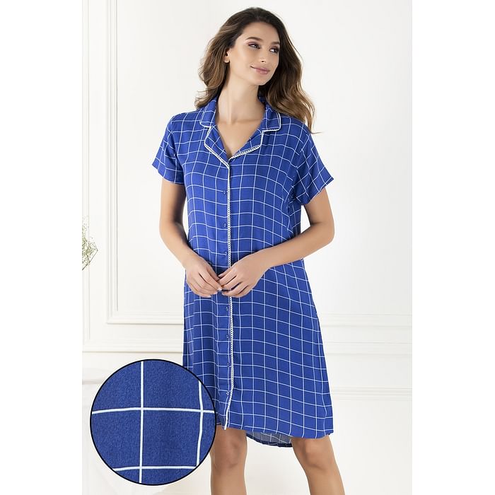 

Clovia Button Me Up Checked Short Nightdress In Blue - Rayon - NS1244F08, Navy