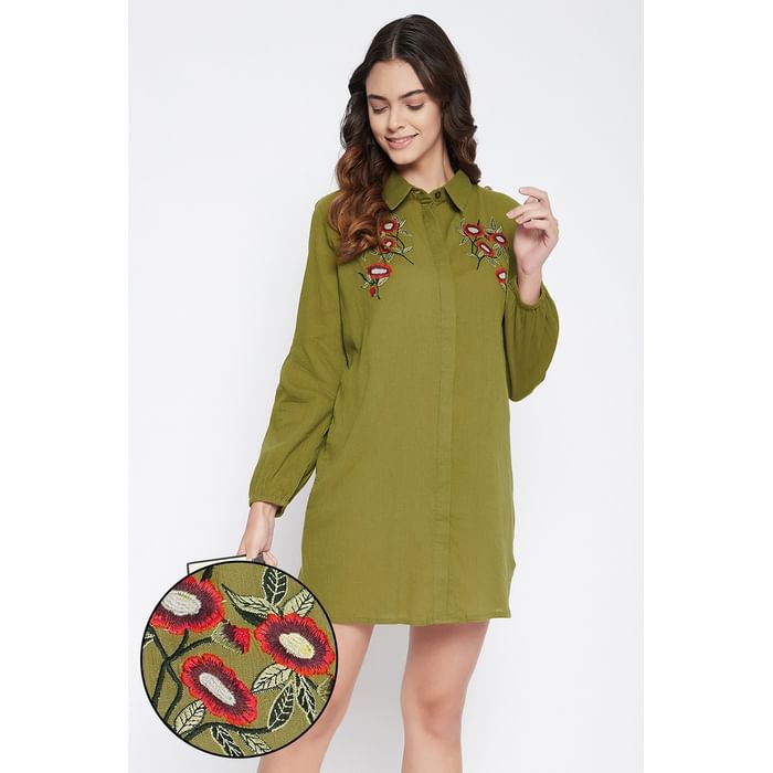 

Clovia Button Me Up Embroidered Short Night Dress in Olive Green - 100% Cotton - NS1244P17, Dark green
