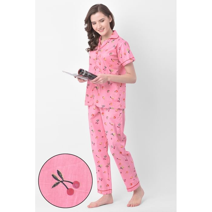 

Clovia Button Me Up Fruit Print Shirt & Pyjama in Pink - 100% Cotton - LS0385R22, Light pink