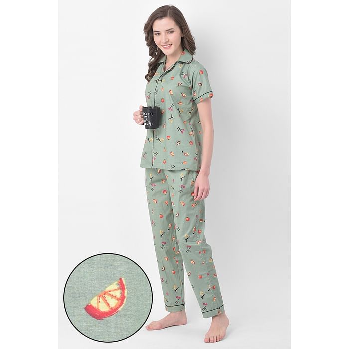 

Clovia Button Me Up Fruit Print Shirt & Pyjama Set in Green- 100% Cotton - LS0385R17, Dark green