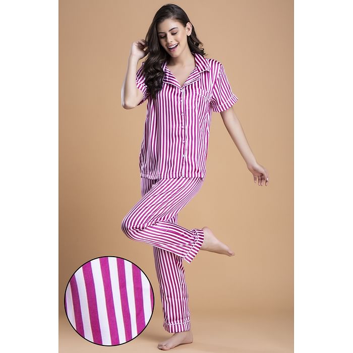 

Clovia Button Down Pink & White Striped Shirt & Pyjama - Satin - LS0385R15, Purple