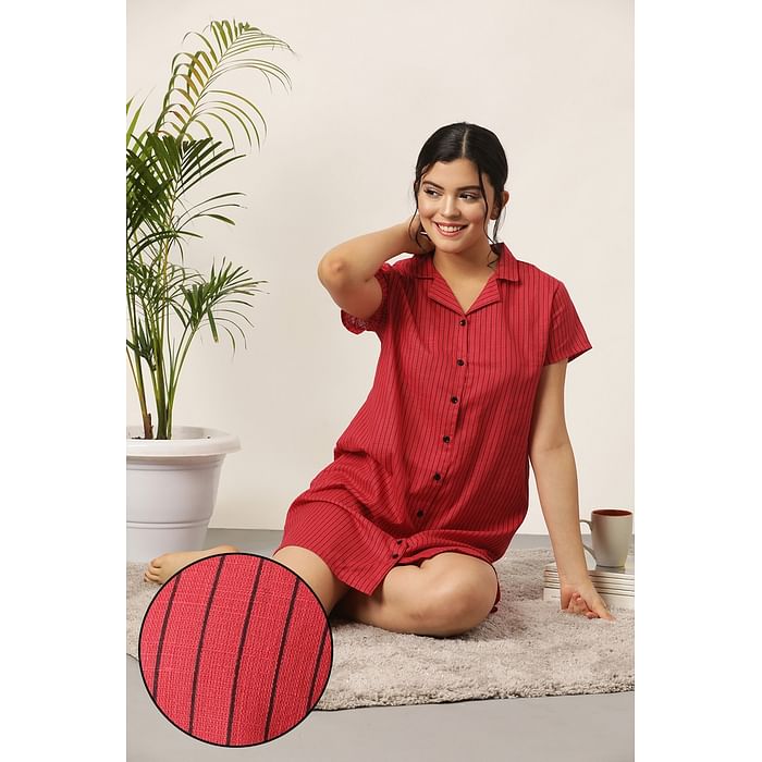 

Clovia Button Me Up Sassy Stripes Short Night Dress in Red - 100% Cotton - NS1244A04