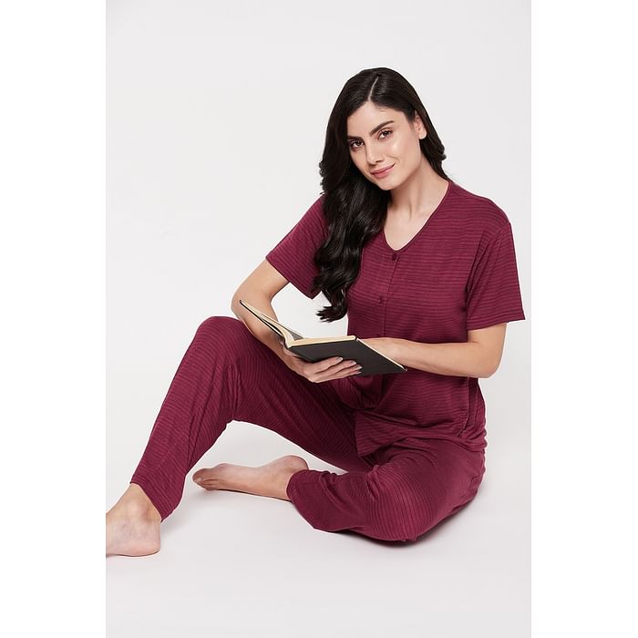 

Clovia Striped Button Down Top & Pyjama Set in Mauve - 100% Cotton - LS0625P09, Maroon