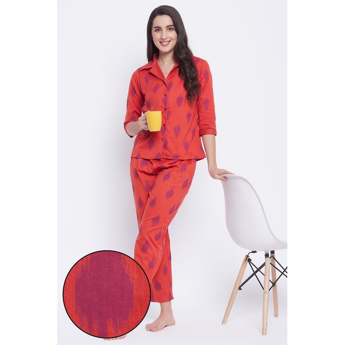 

Clovia Button Me Up Ikat Print Shirt & Pyjama Set in Orange - 100% Cotton - LS0385I04, Red