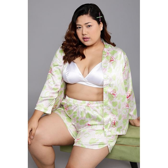 

Clovia Cactus & Emoji Print 3 Piece Nightwear Set in White - Satin - LS0666E18