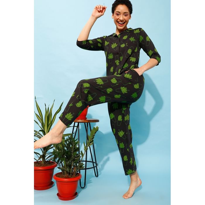 

Clovia Cactus Print Button Down Shirt & Pyjama Set in Black - 100% Cotton - LS0585A13