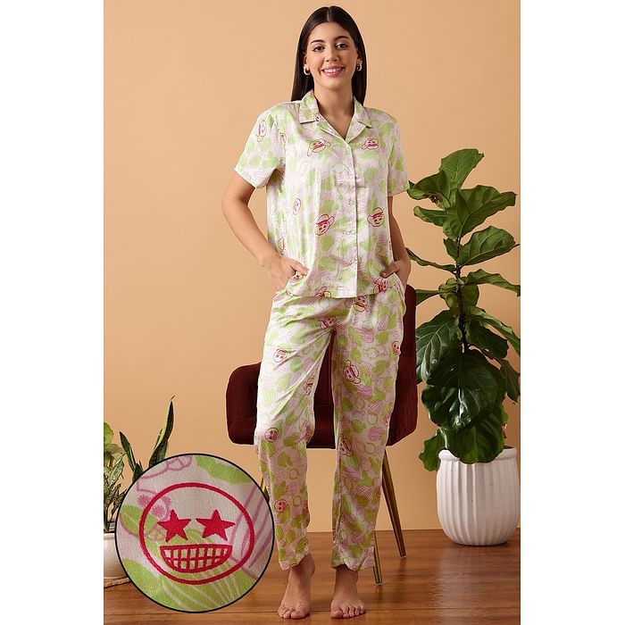 

Clovia Cactus Print Button Down Shirt & Pyjama Set in White - Satin - LS0385S18