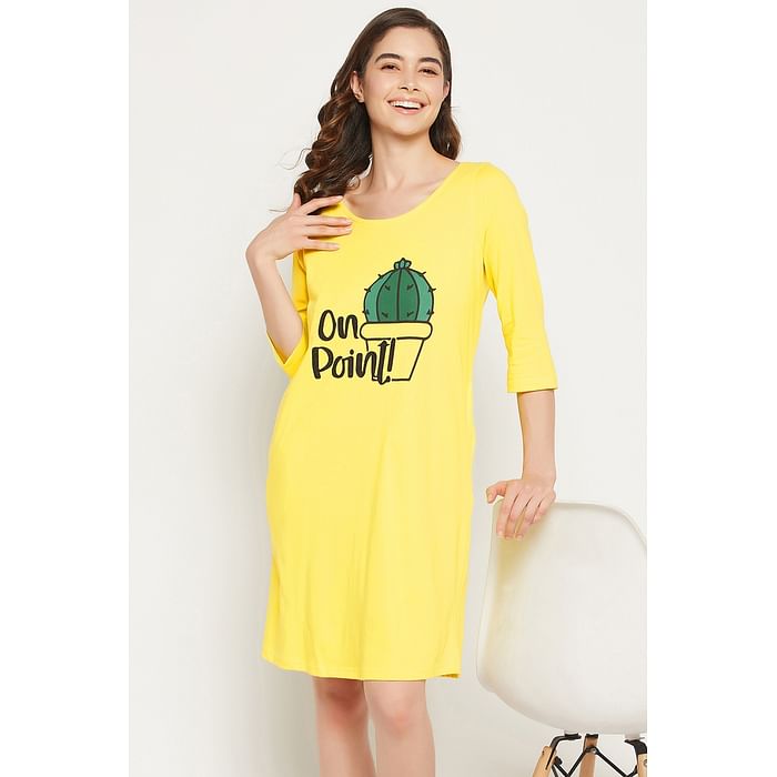 

Clovia Cactus Print Short Night Dress in Yellow - 100% Cotton - NS1233A02, Light yellow