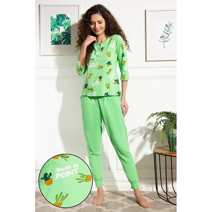 

Clovia Cactus Print Top & Chic Basic Pyjama Set in Mint Green - 100% Cotton - LS0705P11, Light green