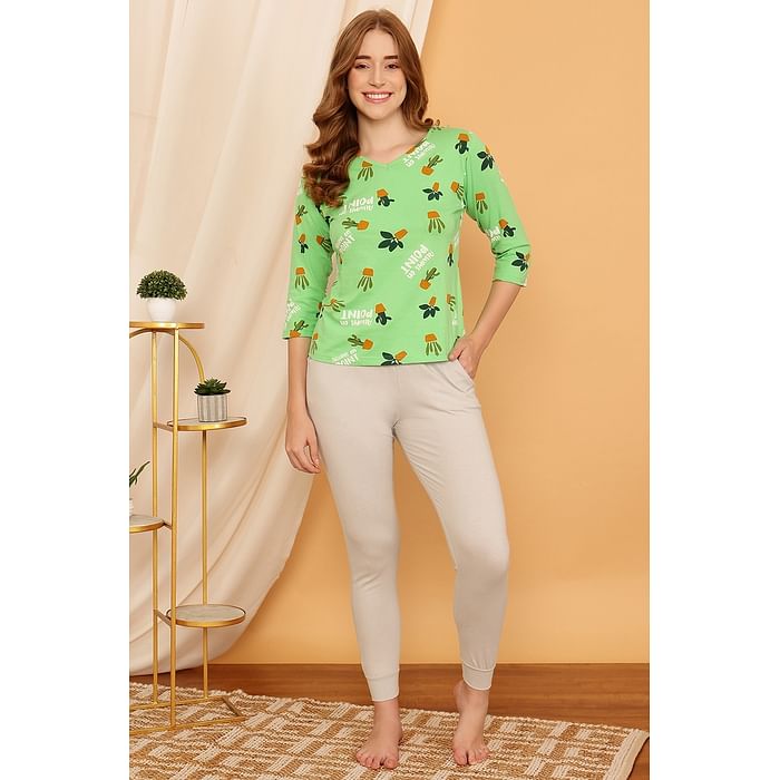 

Clovia Cactus Print Top in Seafoam Green & Chic Basic Joggers in Grey - 100% Cotton - LS0662P11, Light green