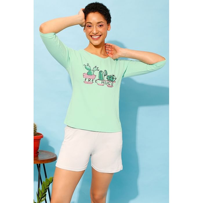 

Clovia Cactus Print Top in Seafoam Green & Chic Basic Shorts in Grey - 100% Cotton - LS0661P11, Light green