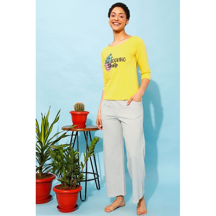 

Clovia Cactus Print Top in Yellow & Chic Basic Pyjama in Grey - 100% Cotton - LS0664P02, Light yellow