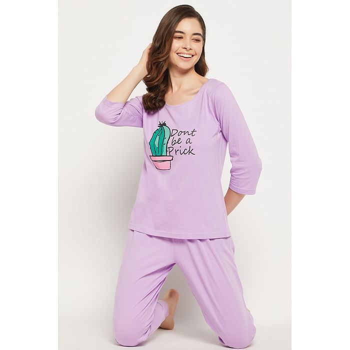 

Clovia Cactus Print Top & Joggers Set in Lavender - 100% Cotton - LS0581P12