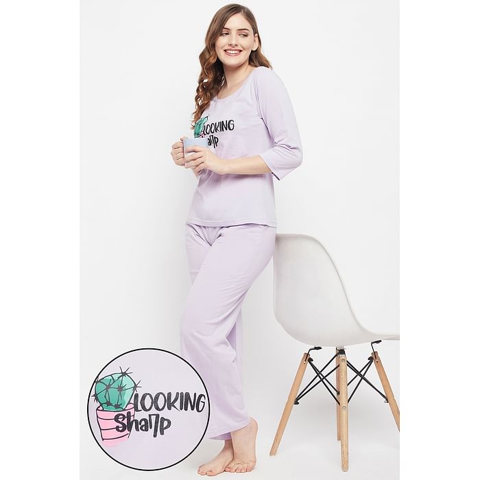 

Clovia Cactus Print Top & Pyjama Set in Lilac - 100% Cotton - LS0664P12, Lavender