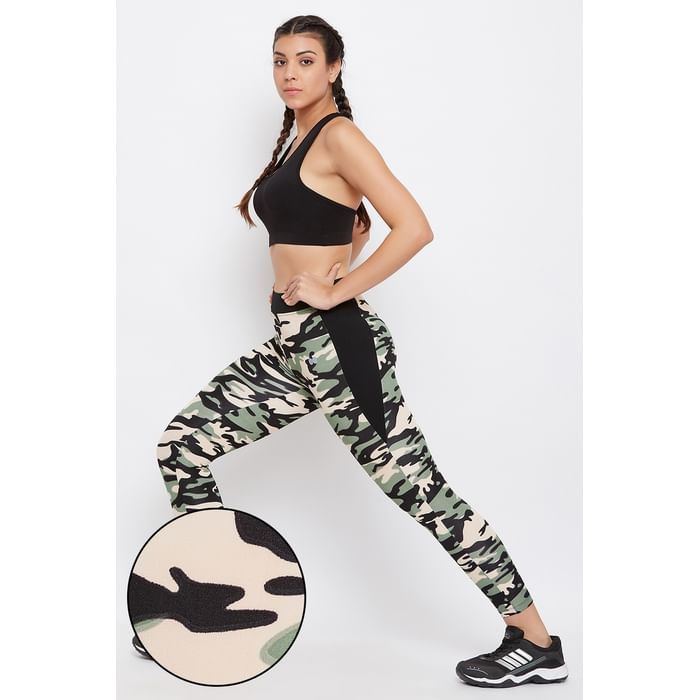 

Clovia Camouflage Print Activewear Ankle-Length Tights in Moss Green - AB0057P11, Light green