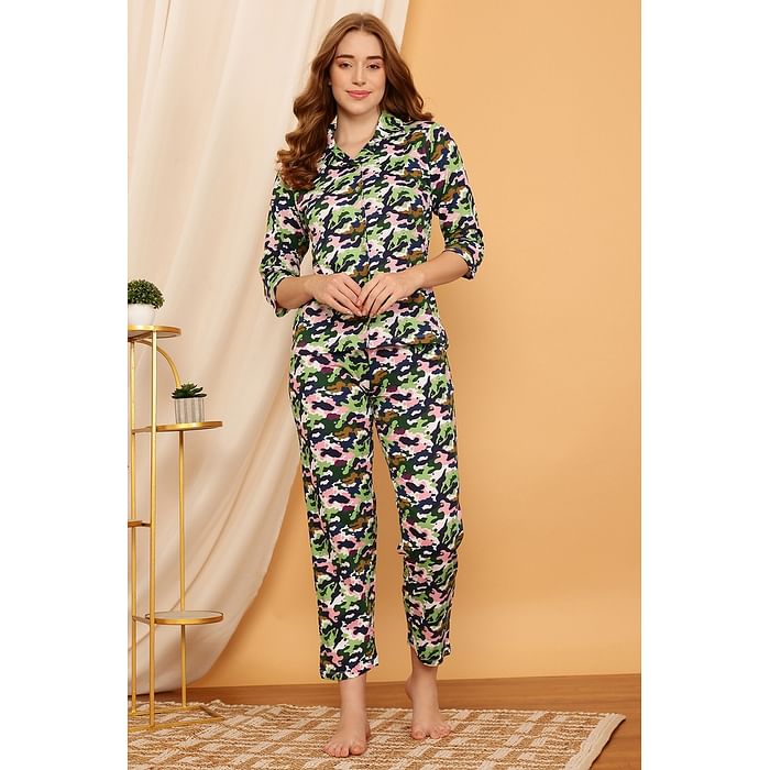 

Clovia Camouflage Print Button Down Shirt & Pyjama Set in Multicolour - 100% Cotton - LS0585E19