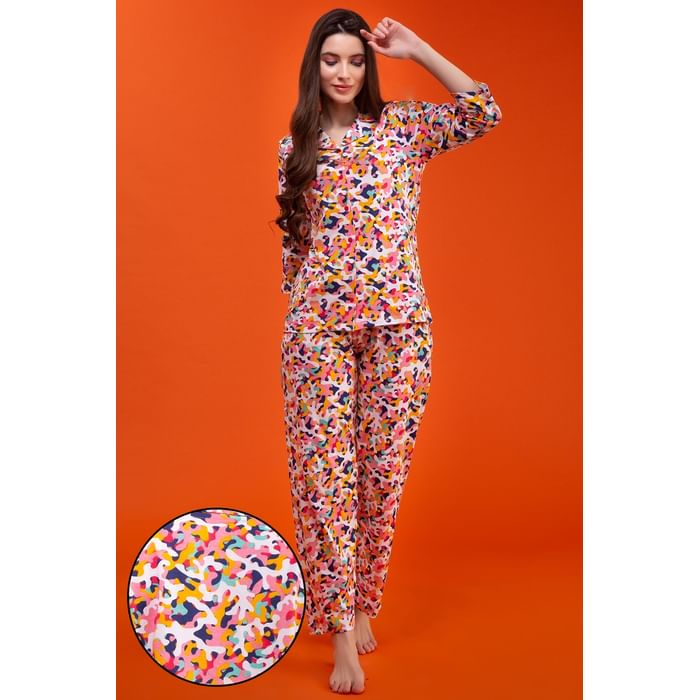 

Clovia Camouflage Print Button Down Shirt & Pyjama Set in Multicolour - 100% Cotton - LS0585D19