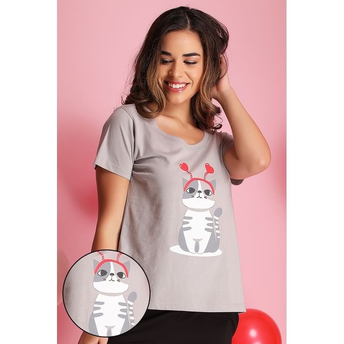 

Clovia Cat Print Top in Light Grey - Cotton Rich - LT0124E01