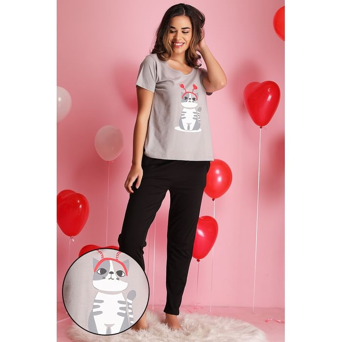 

Clovia Cat Print Top & Pyjama Set in Grey & Black - Cotton Rich - LSC124E01, Light grey
