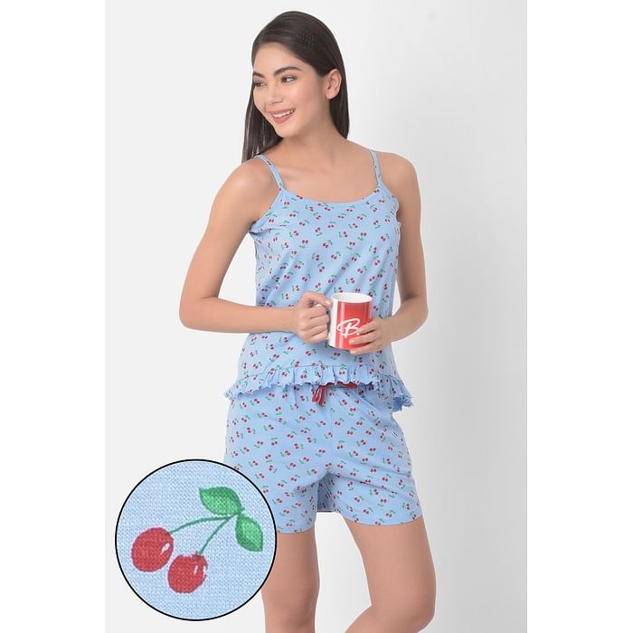 

Clovia Cherry Print Cami-Top & Shorts Set in Powder Blue - 100% Cotton - LS0579P12, Lavender