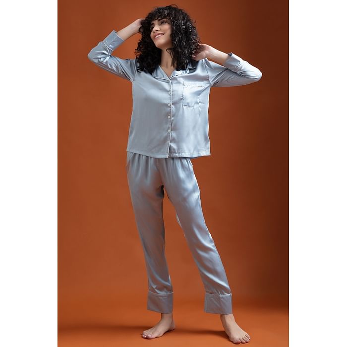 

Clovia Chic Basic Button Me Up Shirt & Pyjama Set in Light Grey - Satin - NS0597P01