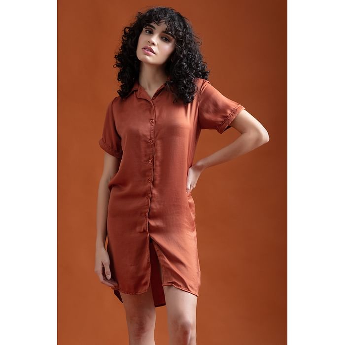 

Clovia Chic Basic Button Me Up Short Night Dress in Rust Brown - Satin - NS1312P06