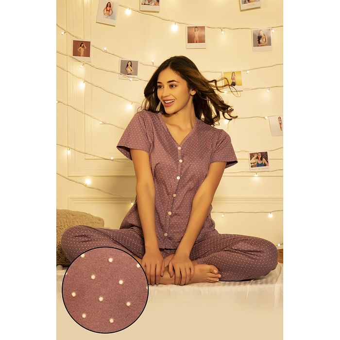 

Clovia Polka Print Button Me Up Top & Pyjama Set in Mauve - 100% Cotton - LS0575P15, Purple