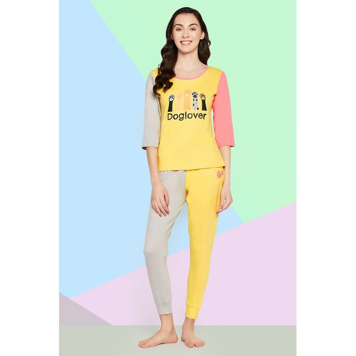 

Clovia Graphic & Text Print Colourblocked Top & Joggers Set in Yellow - 100% Cotton - LS0581P02, Light yellow