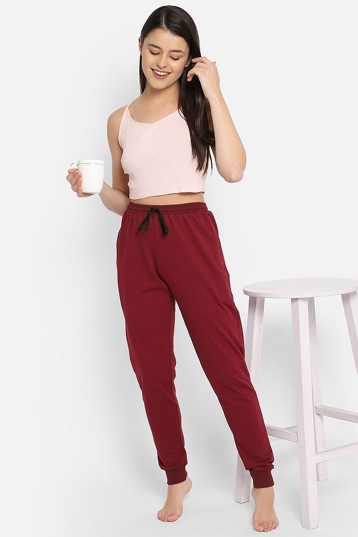 Buy Chic Basic Cuffed Joggers in Maroon - Fleece Online India
