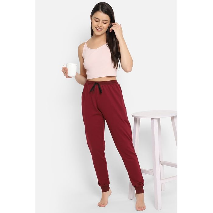 

Clovia Chic Basic Cuffed Joggers in Maroon - Fleece - LB0201P09