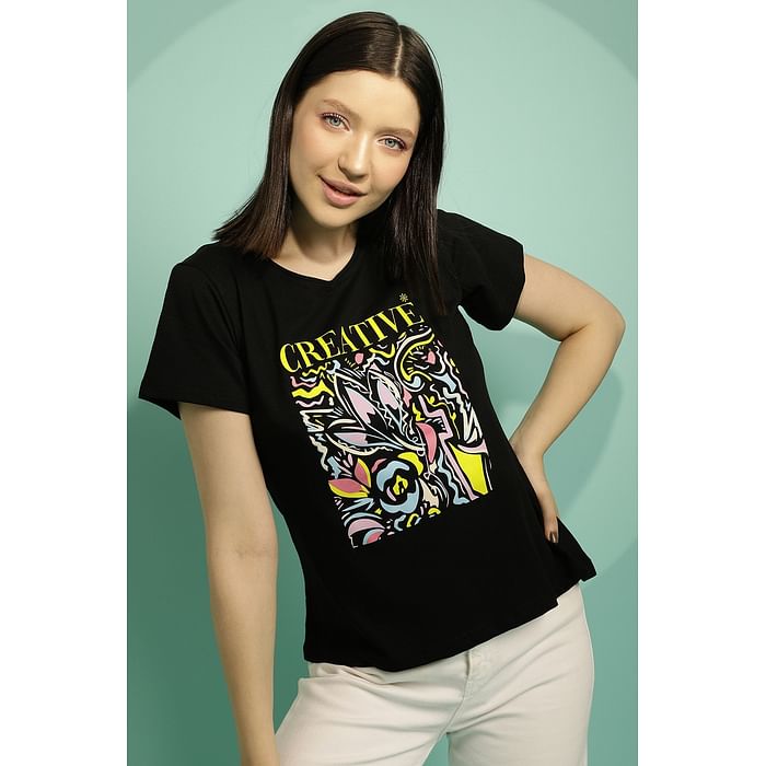 

Clovia Graphic & Text Print Top in Black - 100% Cotton - LT0124G13
