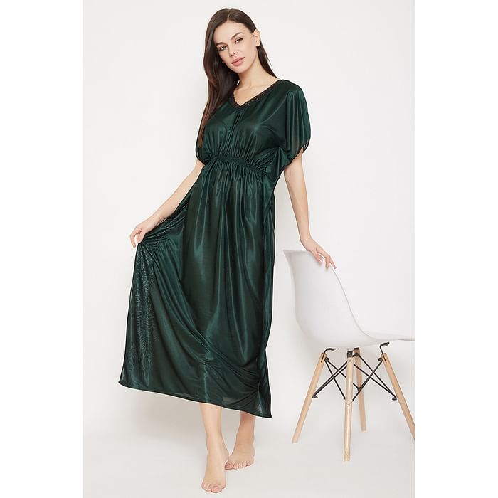 

Clovia Chic Basic Kaftan Night Dress in Forest Green - Satin & Lace - NS1357P17, Dark green