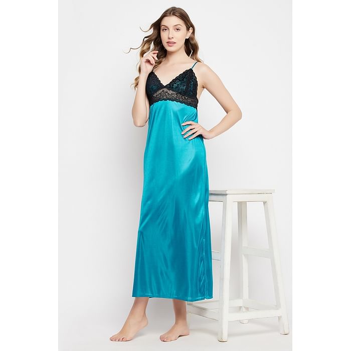 

Clovia Chic Basic Long Night Dress in Teal Blue - Satin - NS1494P36